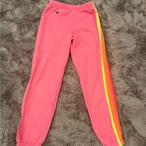 Aviator Nation Kids Pink Joggers with Yellow and Orange Stripes